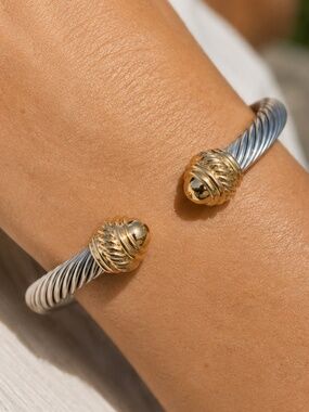 Two-Tone Twisted Cable Cuff Bracelet - Silver and Gold